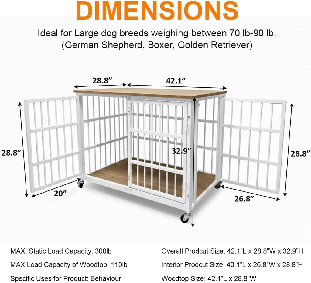 KOKOTANGS 42" Dog Crate Furniture, Heavy Duty Dog Kennel Indoor for Large Dogs, Escape-Proof and Chew-Proof Wooden Dog Cage for high Anxiety Dog, Decorate House as TV Stand, End Table, White
