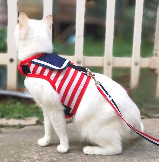 Cat Harness and Leash for Walking Escape Proof, Adjustable Cat Vest Harness, Padded Stylish Cat Walking Jackets, Sailor Suit Red, Large