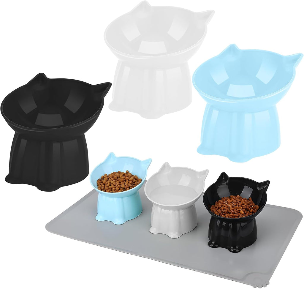 3 Pcs Elevated Cat Bowls 15°Raised Cat Food Bowl with Silicone Mat Blue | Whisker Friendly Anti Vomiting Cats Dishes Pet Food and Water Bowls for Indoor Cats Kittens