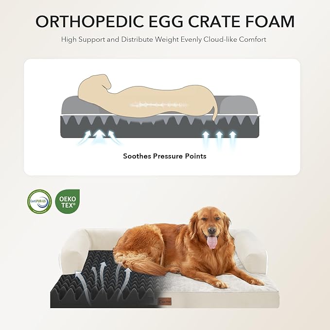 Orthopedic Dog Beds for Extra Large Dogs, Waterproof Egg Crate Foam XL Dog Bed with Sides 41x27Inch, Washable Big Dogs Couch Beds with Removable Cover and Nonskid Bottom, Beige