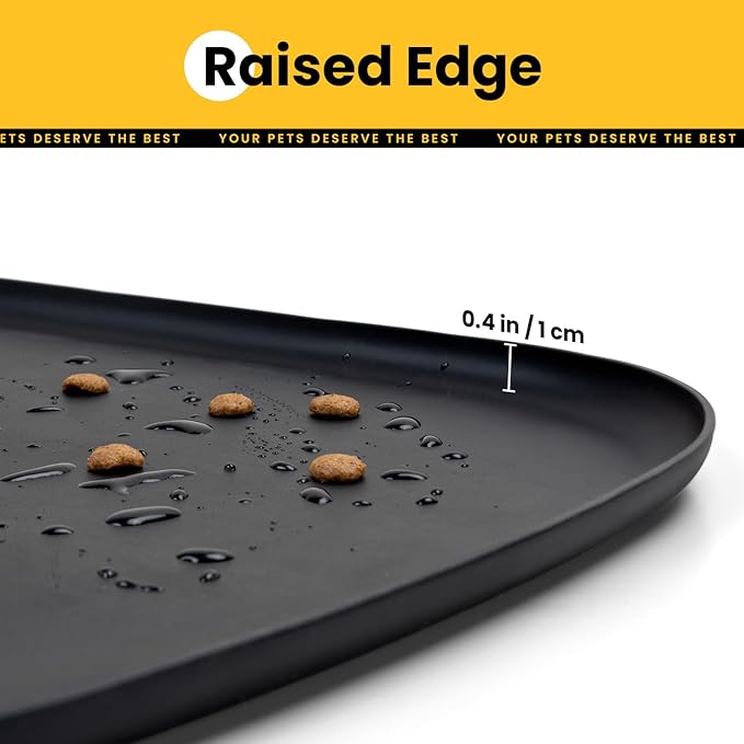 Silicone Dog Food Mat with Side Pocket & Hook Hole, Soft Raised Edges, Easy Clean Waterproof Non-Slip Pet Feeding Mat for Cats and Dogs Water Bowl, Pets Accessories(24"x16",Black)