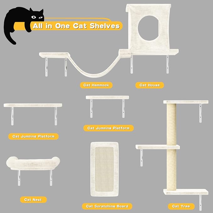 NUNU LAB Wall Mounted Cat Furniture Set - 6 Pcs Climber Set with House, Bridge, Steps, Scratcher Board - DIY Walls Playground, Indoor Cat Shelves - White