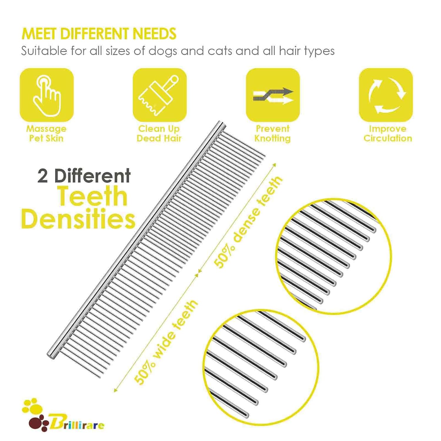 2 Pack Dog Grooming Comb Pet, Stainless Steel Cat Combs with Rounded Teeth, Professional Metal Tear Stain Remover, Dematting Tool for Small, Medium & Large Pets-7.5in