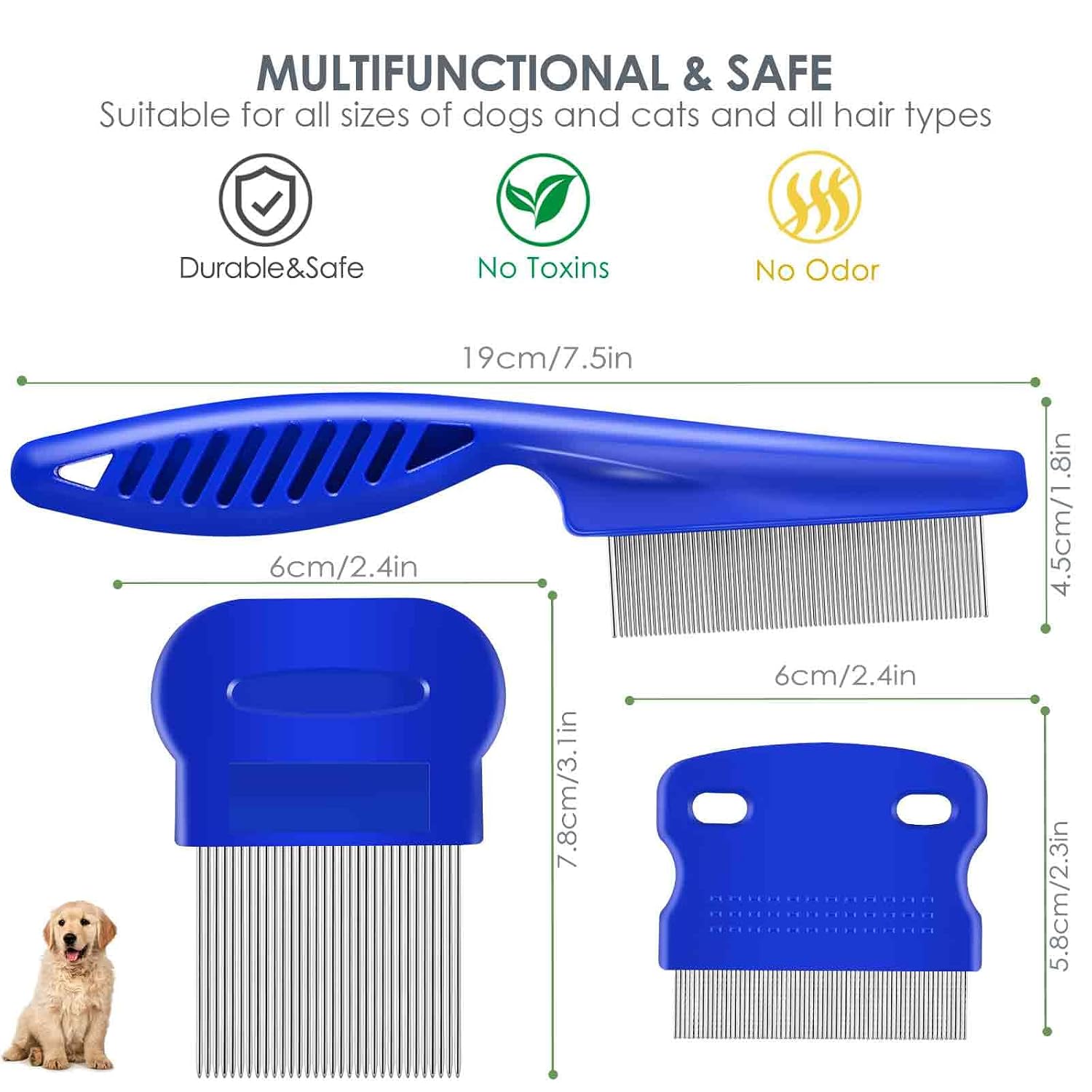 3 Pack Dog Grooming Comb, Flea Lice Pet Combs, Stainless Steel Cat Combs with Rounded Teeth, Professional Metal Tear Stain Remover, Dematting Tool for Small, Medium & Large Pets