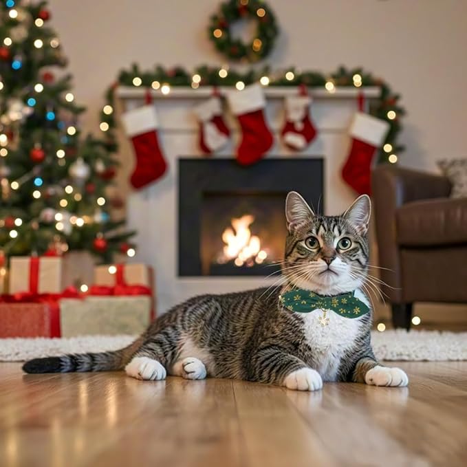 Bunny Ear Christmas Bowtie Cat Collar with Bell 2 Pack Cotton Breakaway Snowflakes Holiday Kitten Collars(Red+Green)