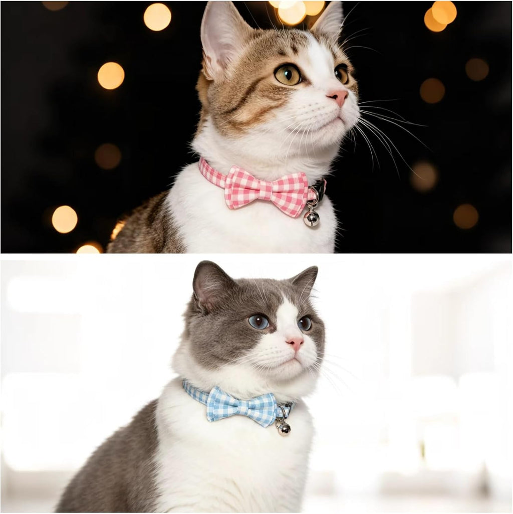 Bow Tie Cat Collar Breakaway with Bell Safety, Removable Bowtie, Adjustable Kitten Collars for Girl Boy Kitty Small Pets, 7"-11" Plaid Blue