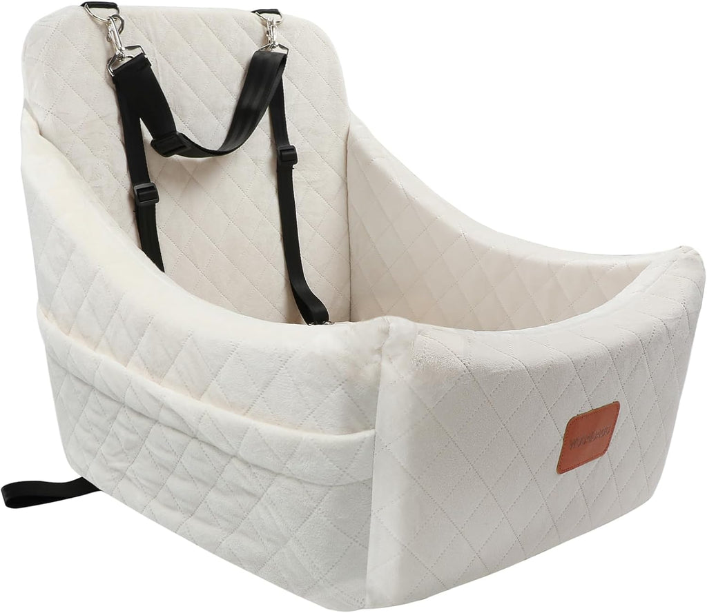 WOOAIDAGG Dog Car Seat for Medium Sized Dog,Pet Travel Car Bed with Seat Belt Channle,Fully Detachable and Washable Car Dog Seat with Adjustable Straps,3 Straps Easy to Install (Beige)