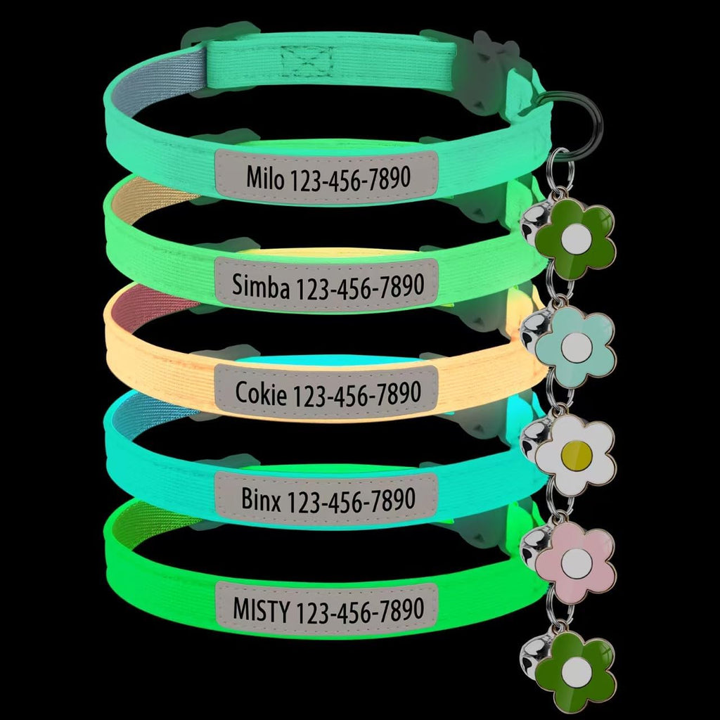 Personalised Glow in the Dark Cat Collar with Bell Flower Decoration, Custom UV-Printed Name & Phone Number, Luminous Adjustable Cat Collar Breakaway (UV-Printed)