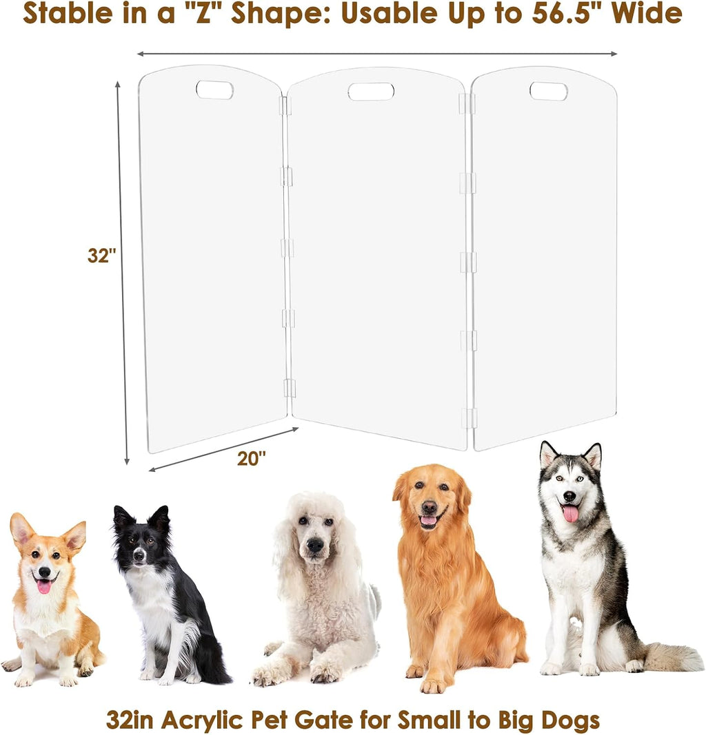 Modern Frame Clear Acrylic Freestanding Dog Gate - 32" Tall Folding 3-Panel Pet Barrier for Doorways, Stairs & Large Openings, Indoor Fence for Small to Large Dogs & Cats