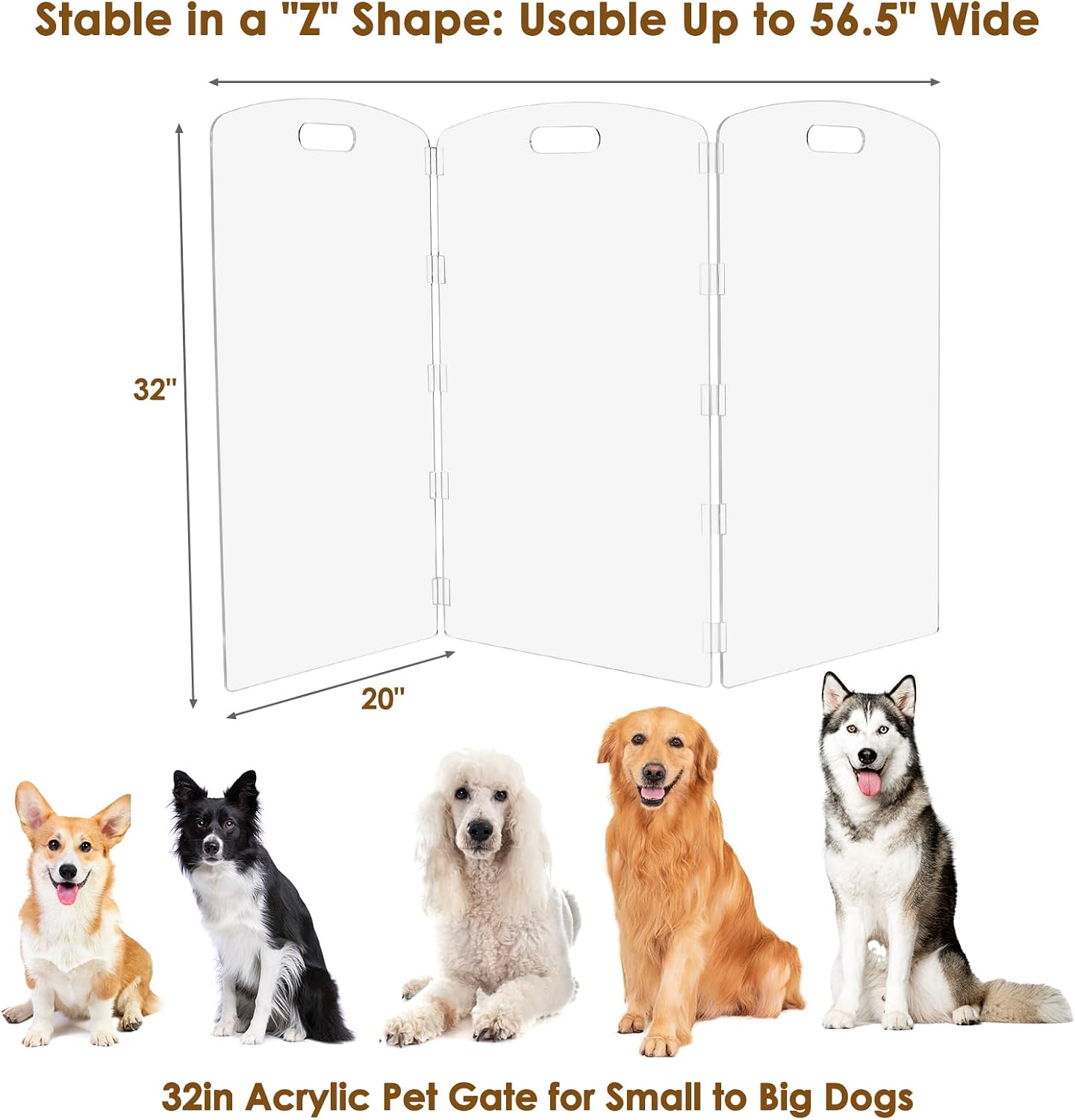 Modern Frame Clear Acrylic Freestanding Dog Gate - 32" Tall Folding 3-Panel Pet Barrier for Doorways, Stairs & Large Openings, Indoor Fence for Small to Large Dogs & Cats