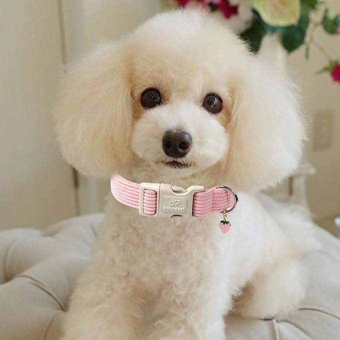 Cute Corduroy Dog Collar - Pink Adjustable Dog Collars for Small Dogs 10-25lbs, Fade-Proof with Secure Snap & Little Charm, Christmas Birthday Gift, S
