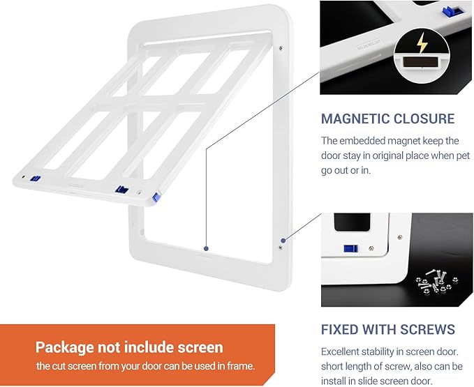 PETLESO Small Pet Door for Screen & Sliding Doors - 8.3" x 10.3" Magnetic Flap Auto Closing with Lockable Insert, Ideal for Cats and Small Dogs, White