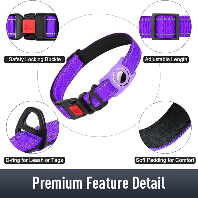 Airtag Dog Collar with AirTag Holder for Puppy Small Dogs, Reflective, Soft Padded & Safety Locking Buckle, Nylon Pet Collars Adjustable for All Breeds, Purple,XS
