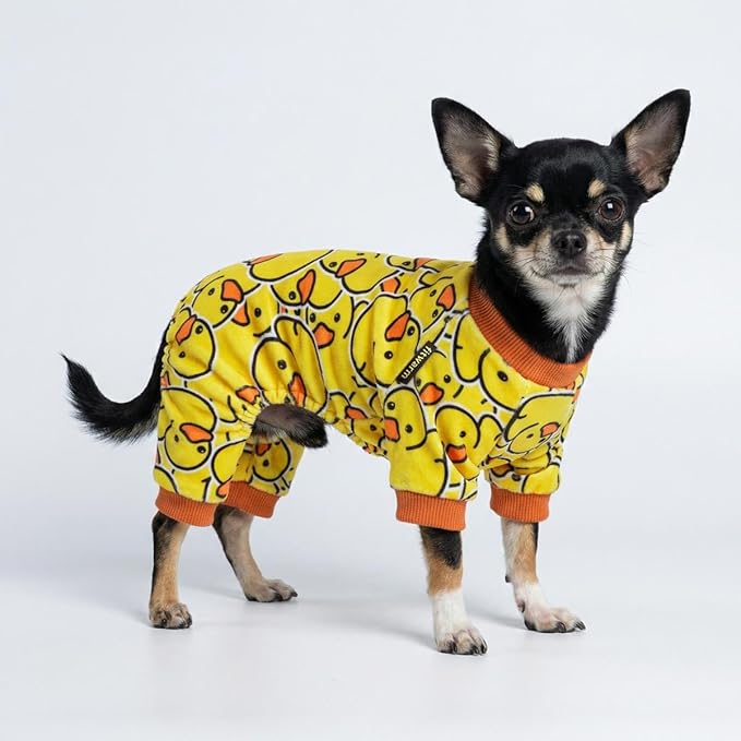 Fitwarm Funny Duck Dog Pajamas, Dog Winter Clothes for Small Dogs Girl, Lightweight Velvet Pet Jumpsuit, Cat Onesie, Yellow, Large