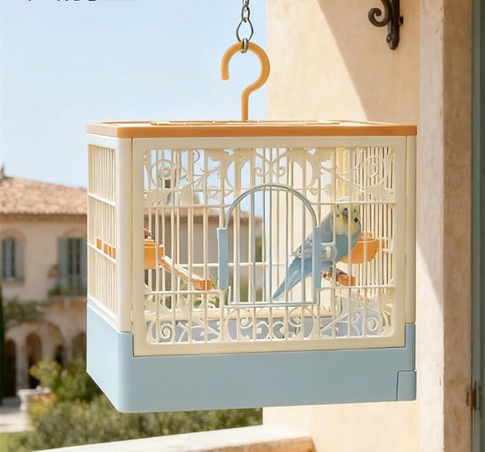 Portable Foldable Bird Cage - 360° Full View Bird Cage with Hook/Food Bowl/Perch, Slide-Out Tray for Easy Cleaning, Essential for Travel and Outings (Includes Carrying Hook)