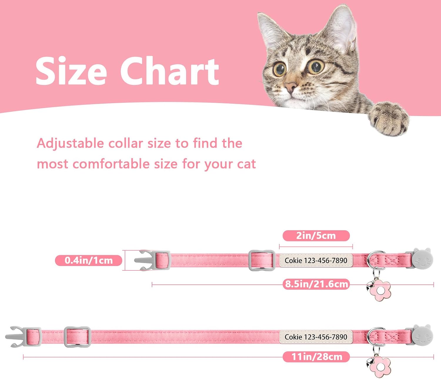 Personalised Glow in the Dark Cat Collar with Bell Flower Decoration, Custom UV-Printed Name & Phone Number, Luminous Adjustable Cat Collar Breakaway (UV-Printed)