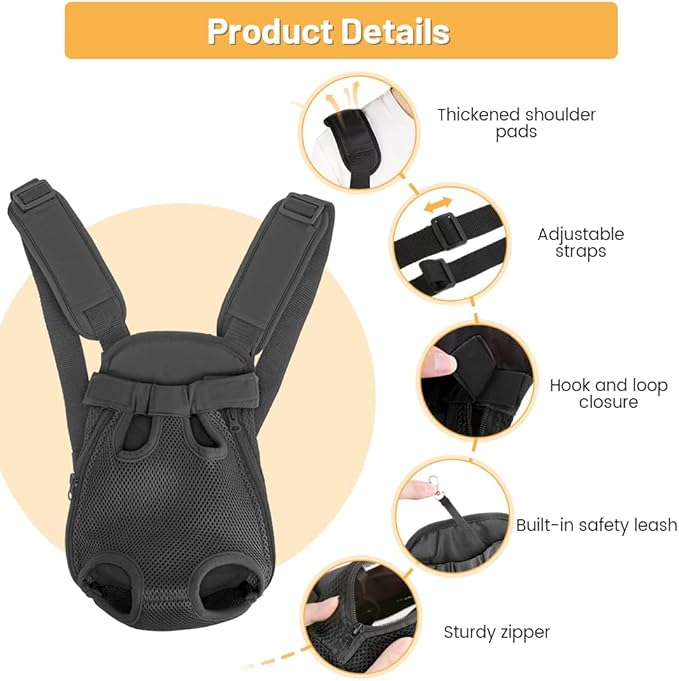 Inspack Dog Backpack Carrier/Cat Carrier, Adjustable Pet Front Carriers Travel Bag for Puppy Medium Dogs, Legs Out, Soft Ventilated Doggie Chest Carry Backpacks for Hiking/Camping, 10-16 lbs, Black