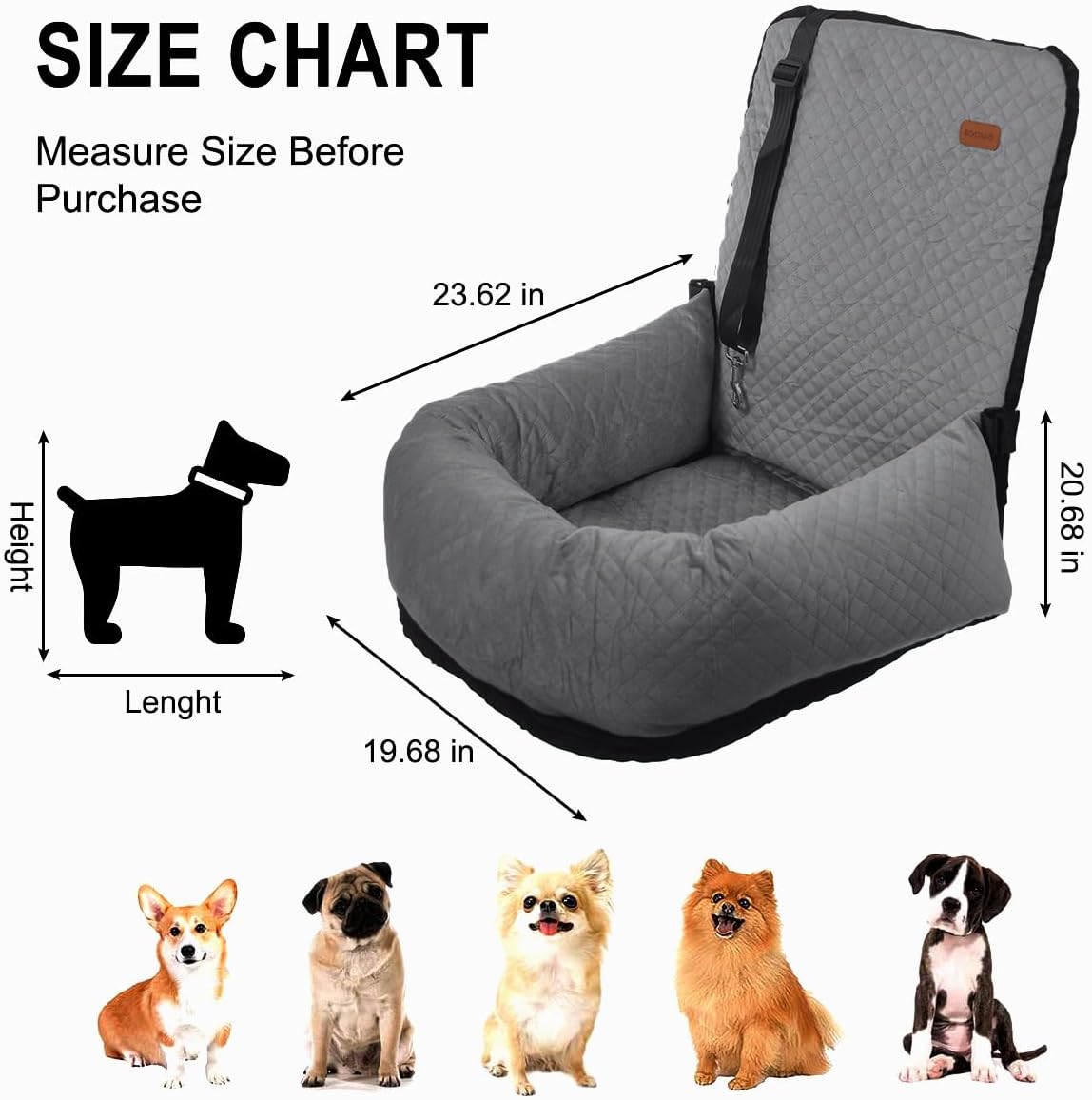 Dog Car Seat for Small Medium Dogs Pet Up to 40 lbs Gray | Detachable Washable, Soft Pet Booster Travel Bed for Front & Seat with Safety Leash Belt