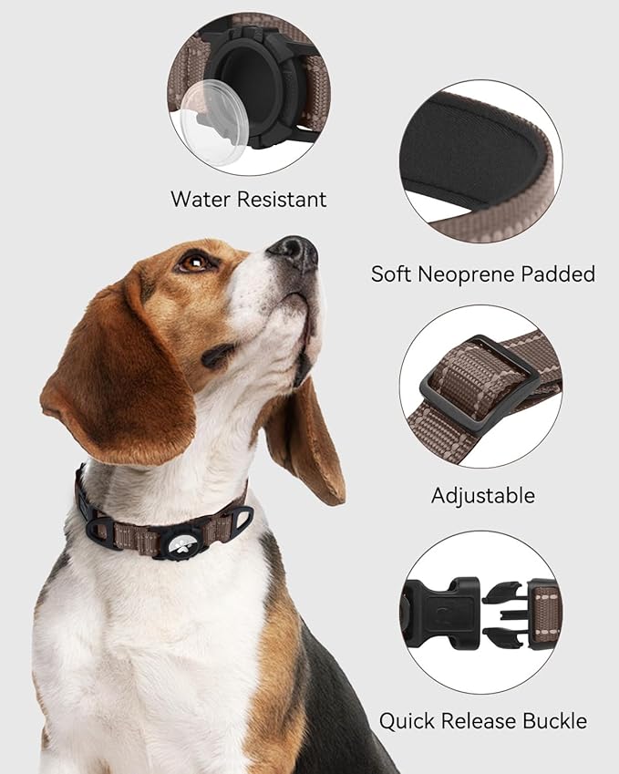 Joytale Airtag Dog Collar, Reflective Pet Collar with Waterproof AirTag Holder, Dual D-Rings, Soft Padded Adjustable for Large Dogs, Brown, L