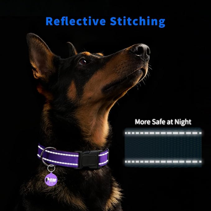 Reflective Dog Collar for Small Dogs with Dog Tags Personalized & Quick Release Buckle, Adjustable and Comfortable Nylon Pet Collar, Purple