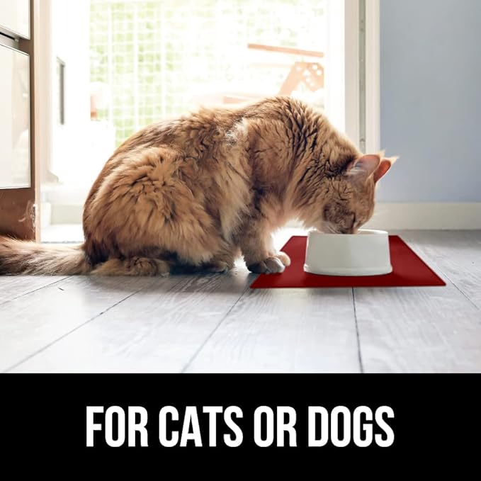 GORILLA GRIP 100% Waterproof Raised Edge BPA Free Silicone Pet Feeding Mat, Dog Cat Food Mats Contain Spills Protects Floors, Placemats for Cats and Dogs Water Bowl, Pets Accessories 16x10, Red