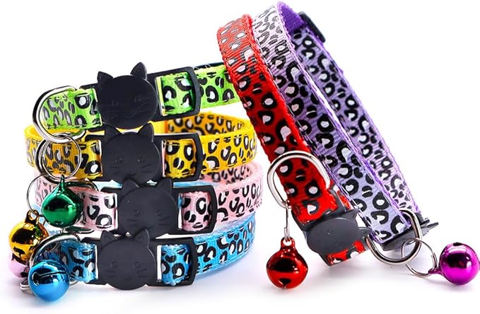 Reflective 2 Pack Breakaway Cat Collars with Bell Leopard Pattern Cute Kitty Adjustable 7.5-12.5 Inch Safe Kitten Collars Charms (Pink)
