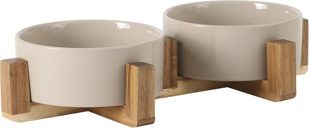 Gibson Home Zoomie Bites Ceramic Dog and Cat Bowl with Acacia Wood Stand Non-Slip Matte Glaze Weighted Food Water Set for Cats & Small/Medium Sized Dogs, 5.5" Bowls