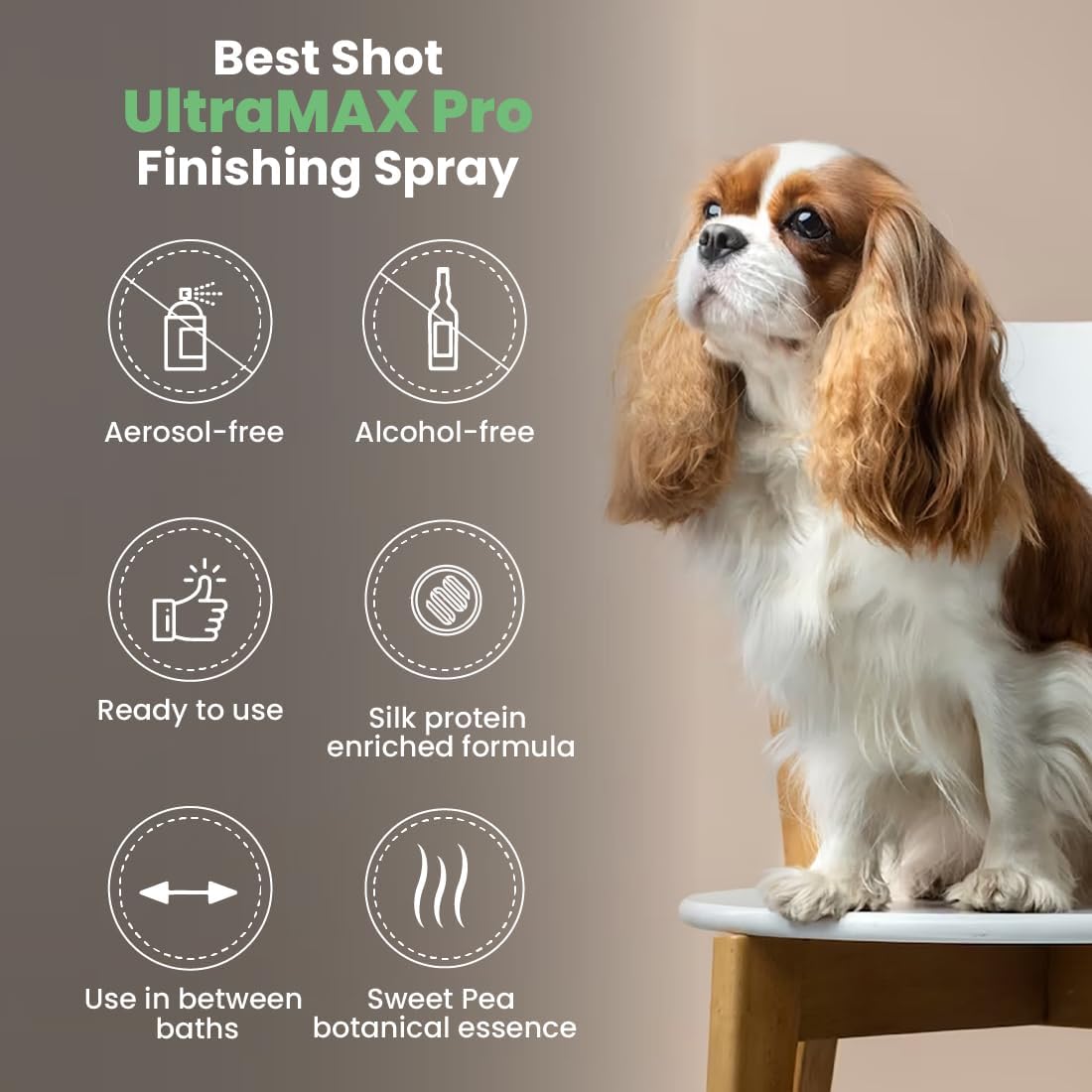 Best Shot UltraMAX Pro Finishing Spray, Ideal Detangler Spray for Pets, Hydrating and Soothing Pet Grooming Spray, for Dogs and Cats, 34 Oz. | Sweet pea scent, alcohol-free, adds sheen, detangles, hydrates and reduces static