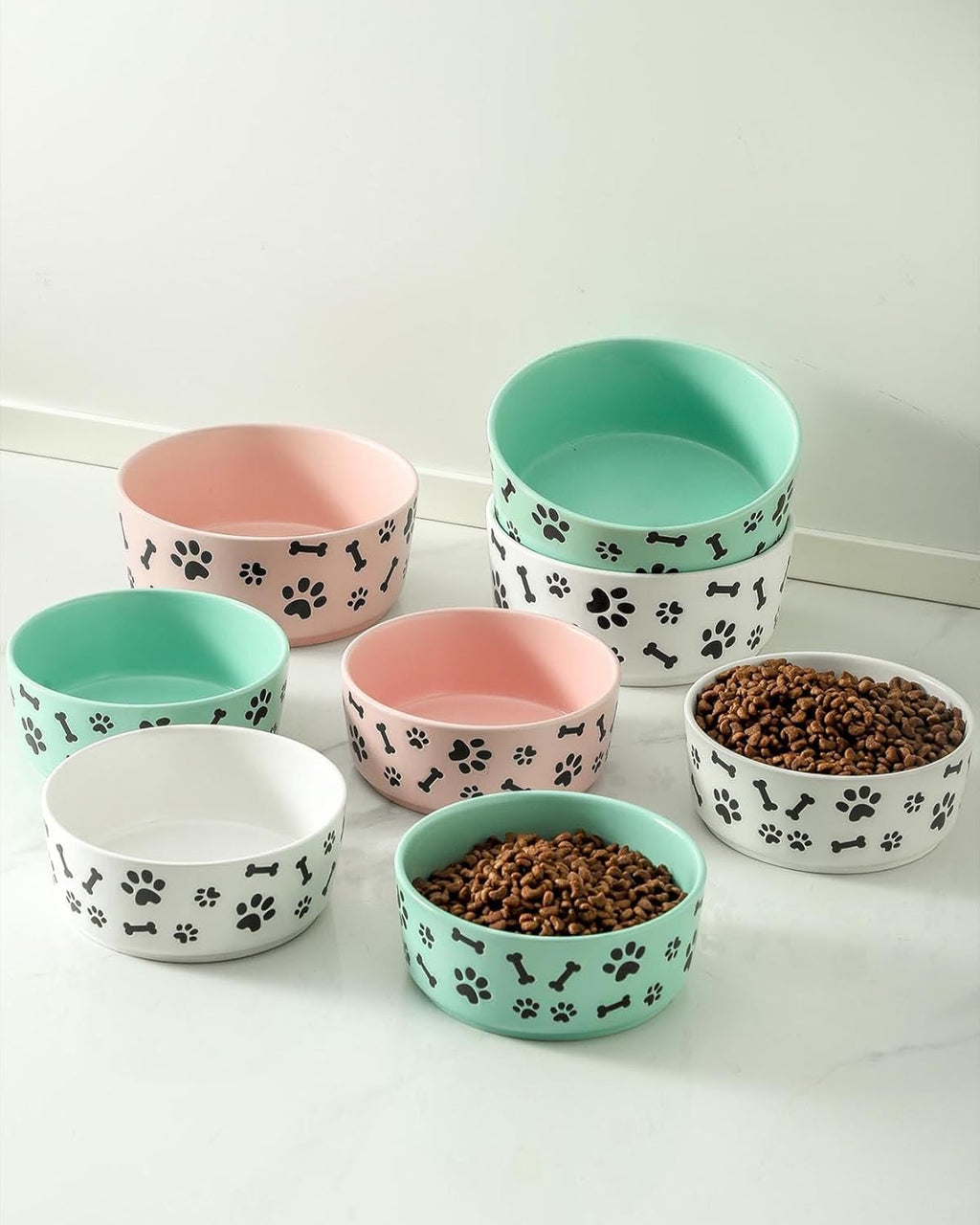 UBEE Ceramic Dog Bowl Set of 2, 5.5 inch Dog Food Bowl Dish with Bone Paw Pattern, Pet Food Water Dish Feeding Plates for Small Dogs, Puppy and Cat, Pink