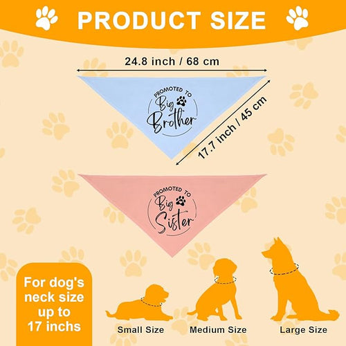 2 Pack Dog Bandana Pregnancy Announcement, Promoted to Big Brother and Sister Gender Reveal Puppy Dog Scarf Accessories, Adjustable Pet Bandana Scarf for Small Medium Large Dogs