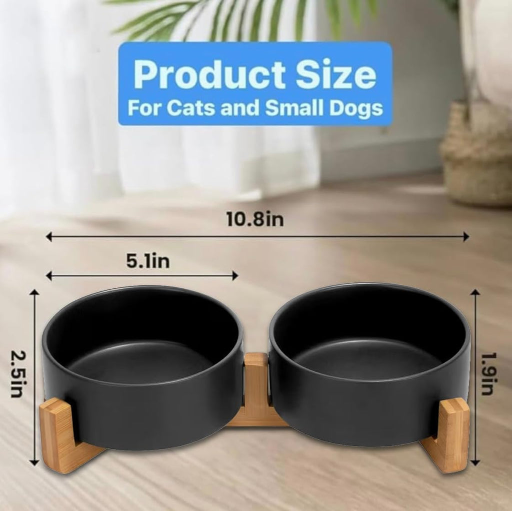 Ceramic Cat and Small Dog Bowl Set – Modern Indoor Small Size Pet Food and Water Bowls with Wood Stand – Non Slip Puppy Sized Feeding Station with Double Dishes (Black)