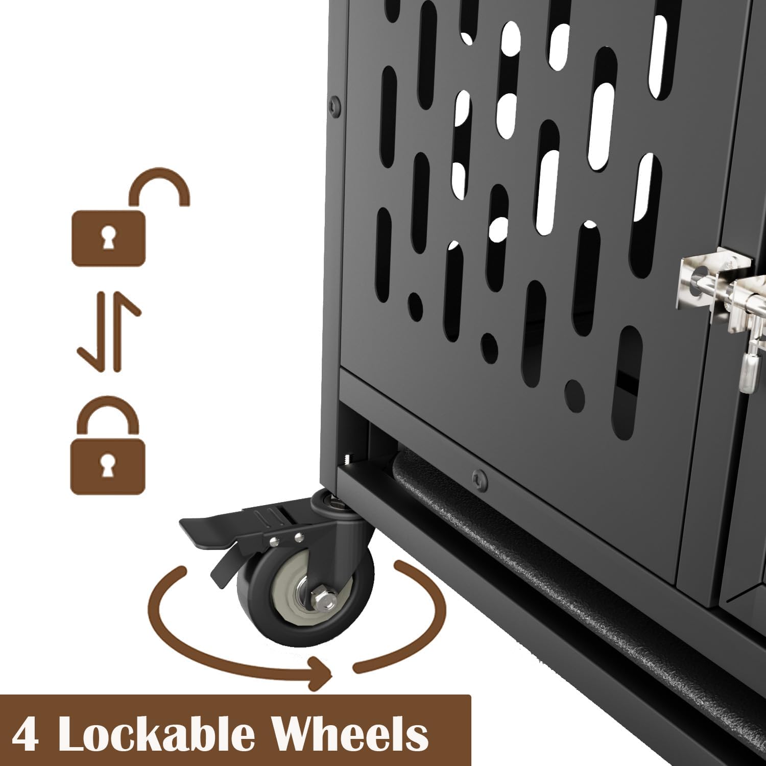 44 Inch Heavy Duty Indestructible Dog Crate with Wheels, Steel Escape-Proof Indoor Double Door High Anxiety Cage, Durable Chew-Proof Kennel with Removable Tray for Large Medium Dogs