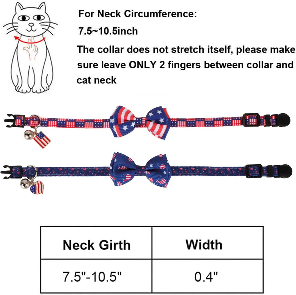 PTDECOR 4th of July Cat Collar with Bow, American Flag Patriotic Cat Collar | Detachable Bow Tie, Safe Breakaway Buckle, Adjustable, 2 Pack 4th of July Patriotic Collar for Cats Kittens