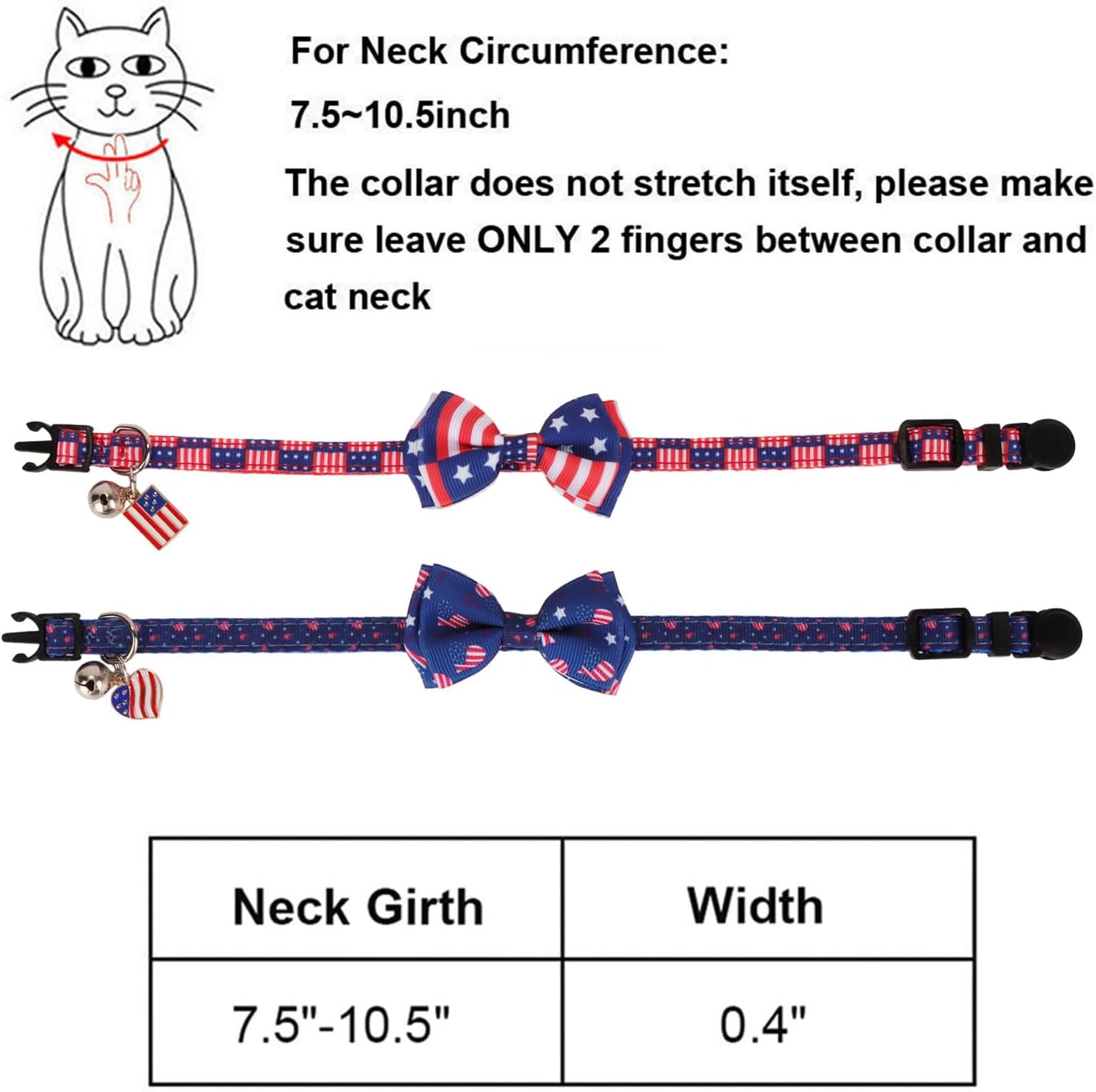 PTDECOR 4th of July Cat Collar with Bow, American Flag Patriotic Cat Collar | Detachable Bow Tie, Safe Breakaway Buckle, Adjustable, 2 Pack 4th of July Patriotic Collar for Cats Kittens