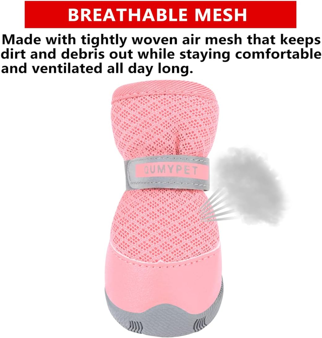 QUMY Dog Shoes for Small Dogs Hot Pavement Puppy Dog Boots & Paw Protectors | Small Medium Dog Summer Shoes, Soft Anti-Slip Rubber Sole, Mesh Breathable Dog Booties for Hardfloors, Walking Running Pink