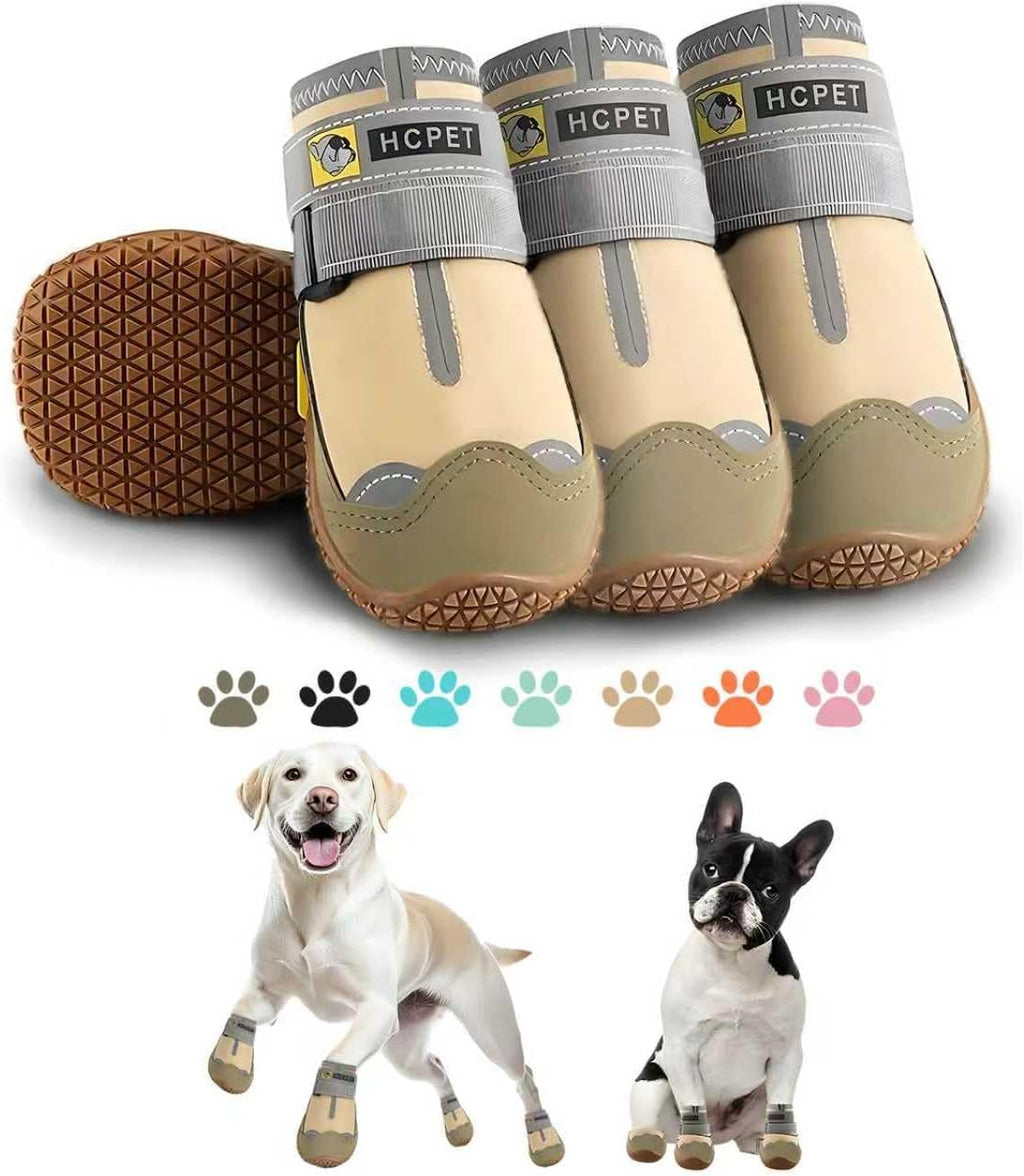 Dog Shoes for Dogs, Dog Booties for Dogs, Anti-Slip Dog Boots & Paw Protectors for Hot Pavement Winter Snow Hiking with Reflective Straps Khaki Size 7, 4PCS