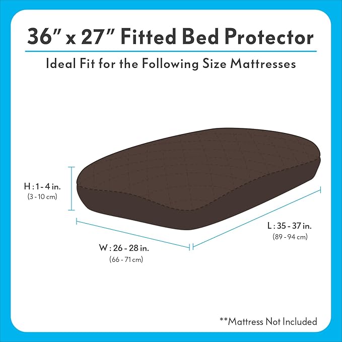 Paw Inspired Waterproof Fitted Cover for Dog Bed | Washable Bed Protector for Dog Mattress | Removable Replacement Cover for Medium to Large Pet Bed (Dark Brown, 36 x 27 x 5 Inch)