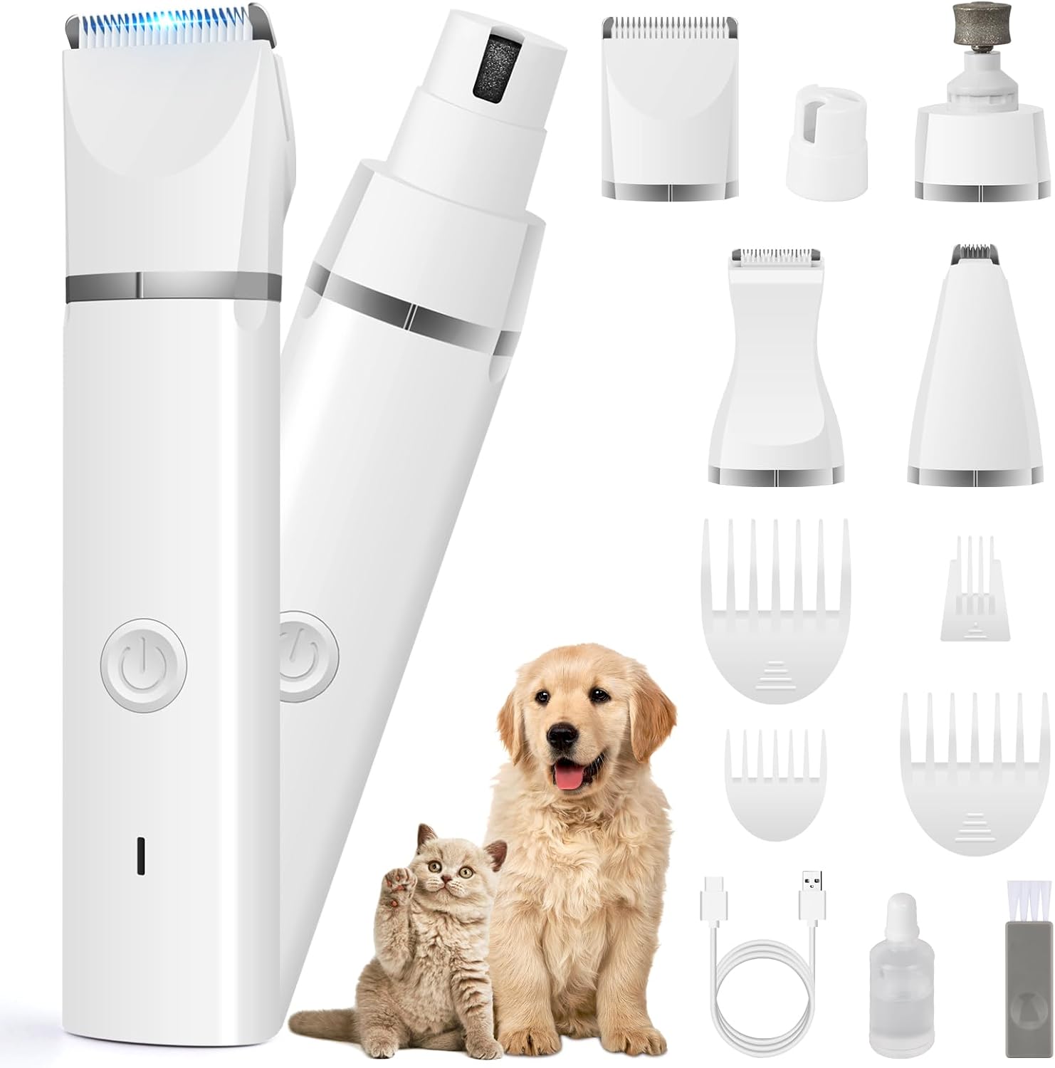 Veeconn 4 in 1 Dog Clippers Grooming Kit with Paw Hair Trimmer for Cat Pet | Low Noise, 7500RPM Powerful, IPX7 Waterproof, Safe & Easy for Beginners, 4 Guide Combs, Cordless Dog Shaver & Nail Grinder