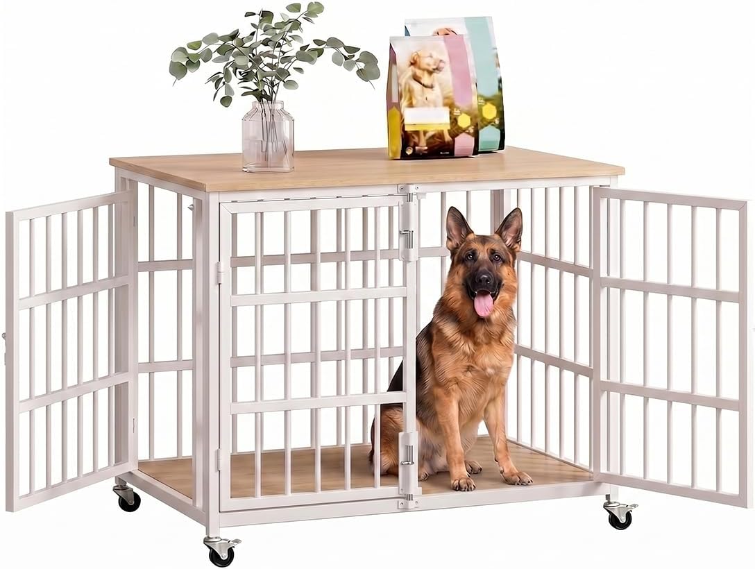 KOKOTANGS 42" Dog Crate Furniture, Heavy Duty Dog Kennel Indoor for Large Dogs, Escape-Proof and Chew-Proof Wooden Dog Cage for high Anxiety Dog, Decorate House as TV Stand, End Table, White