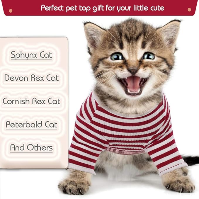 DENTRUN Hairless Cats Shirt Breathable Cat Daily Wear Clothes Stripe Vest Adorable Pajamas Jumpsuit Soft & Skin-Friendly
