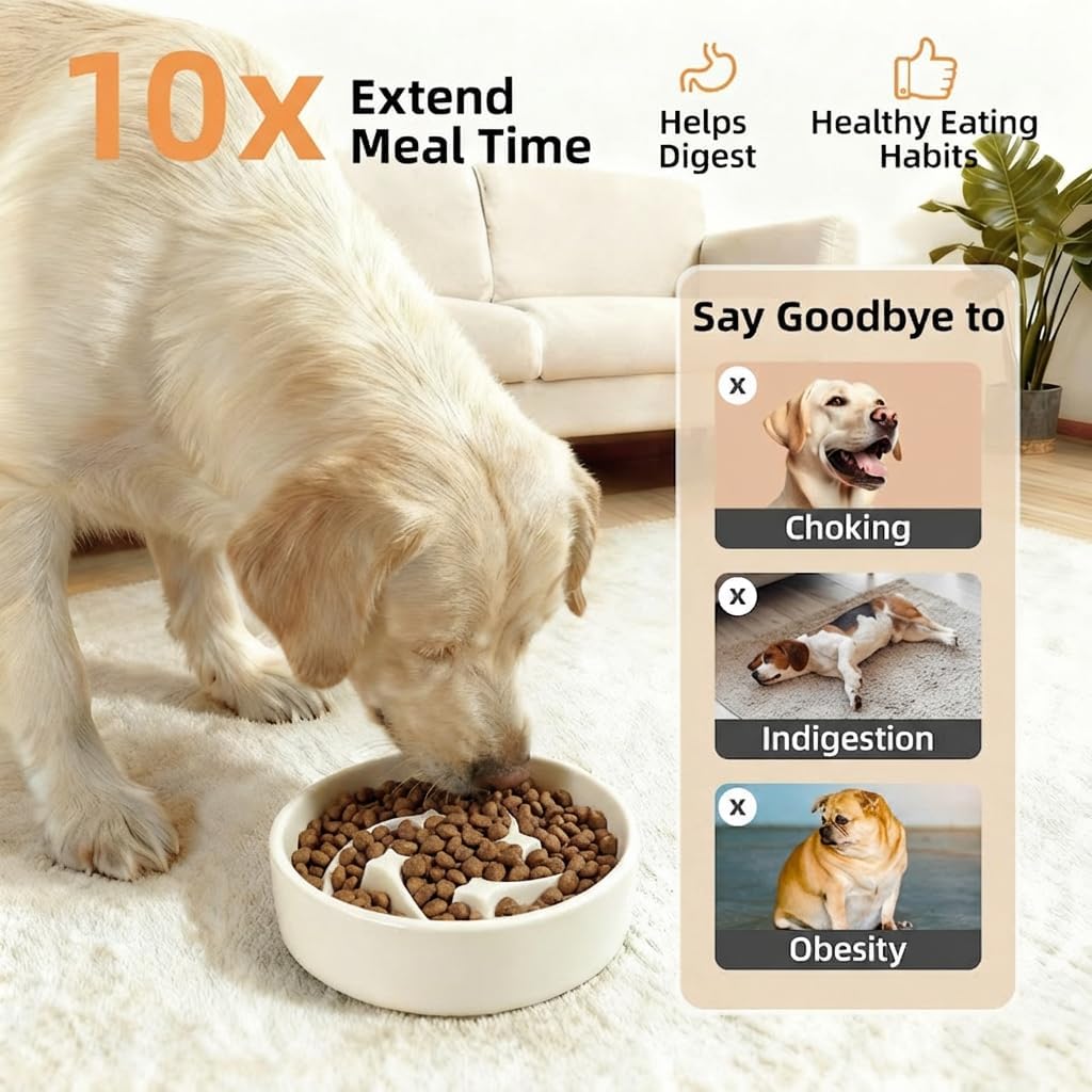 Ceramic Slow Feeder Dog Bowls Small Breed, 0.6 Cups, 6.4 Inch Beige | Raised maze design slows fast eating for small dogs, puppies and cats; heavy ceramic, non-slip and dishwasher safe.