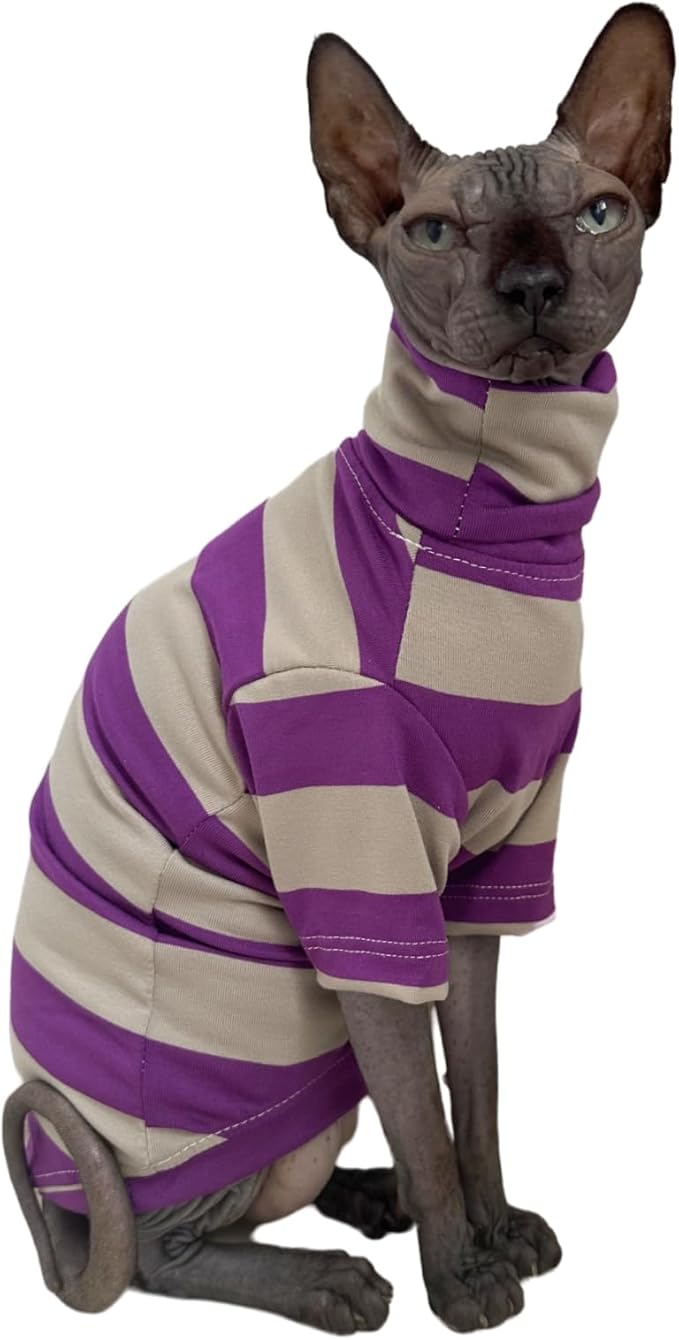 Vintage Stripes Sphynx Hairless Cats Shirt Cotton Cat Turtleneck Pet Clothes Kitten T-Shirts with Sleeves for Sphynx Cats (Wide Purple Grey Stripe, XX-Large)
