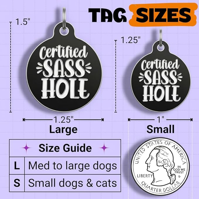 Bad Tags Personalized Dog and Cat ID Tags in 25+ Designs and 2 Sizes - 5 Lines of Custom Engraved Text - Funny Cute Personalized Pet Tags (Certified Sass Hole, Large (1.25 inch))