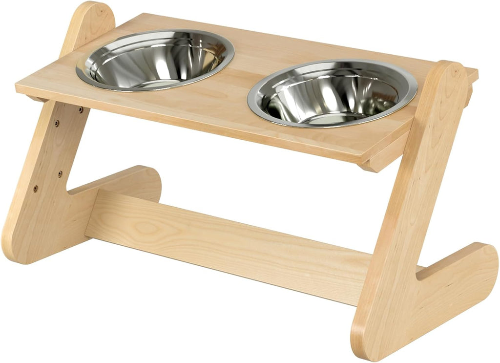 Solid Birch Wood Elevated Dog Bowl Stand for Large & Medium Dogs | Raised Dog Bowl Stand, 3 Heights, 10° Angled Top, Water-Resistant Finish, 2 Stainless Bowls, 8" Openings