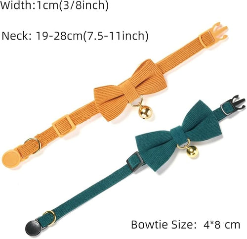 2 Pack Soft Corduroy Cat Collars with Bow Tie & Bell Adjustable Breakaway Bowtie Kitten Collar for Girl Boy Kittens(Orange & Dark Green)