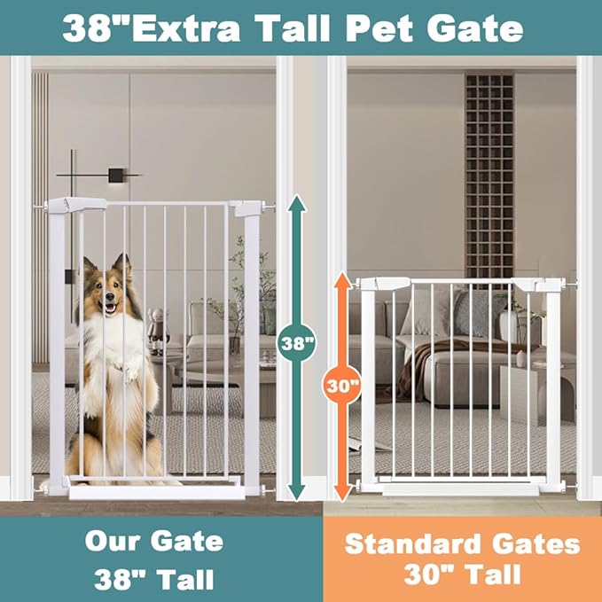 Fairy Baby 38" Extra Tall Baby Gate for Stairs and Doorways, 59.9"-65.3" Extra Wide Long Pet Gate, Metal Auto Close Safety Child Gate Fence for Puppy Pet, Pressure Mounted Walk Through Gate, White