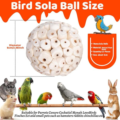 12 Pack Bird Toy Sola Balls, Natural Parrot Soft Chew Shredding & Foraging Toy, Bird Foot Balls for Cockatiel Conure Quaker Budgie Parakeet Bunny Guinea Pig Chinchilla Rabbit