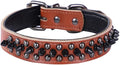 Spiked Studded Dog Collar, Genuine Leather Dog Collar, Adjustable Pet Collars for Medium Large Bulldog Pitbull Mastiff Poodle Boxer (L:37-47cm, Brown-1)