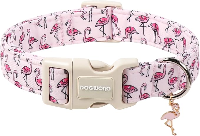 DOGWONG Cute Pet Dog Collar Pink Flamingos Cotton Dog Collar- Soft Girl Puppy Adjustable Pet Collars for Small Medium Large Dogs,S