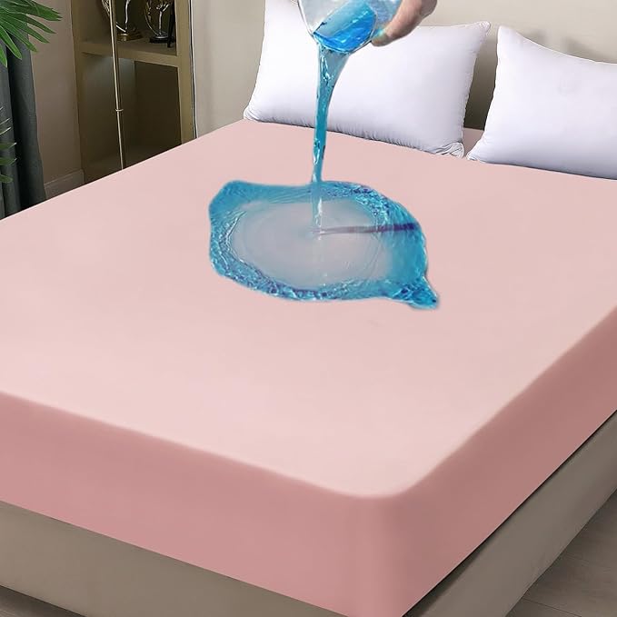 Waterproof Mattress Protector Full, Fitted Sheet Style Breathable Mattress Cover with Deep Pocket Fits Up to 18'', Noiseless Bed Cover for Kids Adults Pets, Machine Washable(Pink, 54'' X 76'')